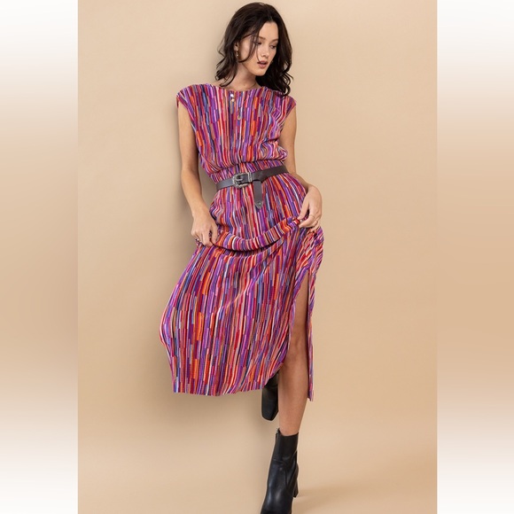 22 Boho Multi Color Rib Pleating Detailed Dress - Picture 4 of 6